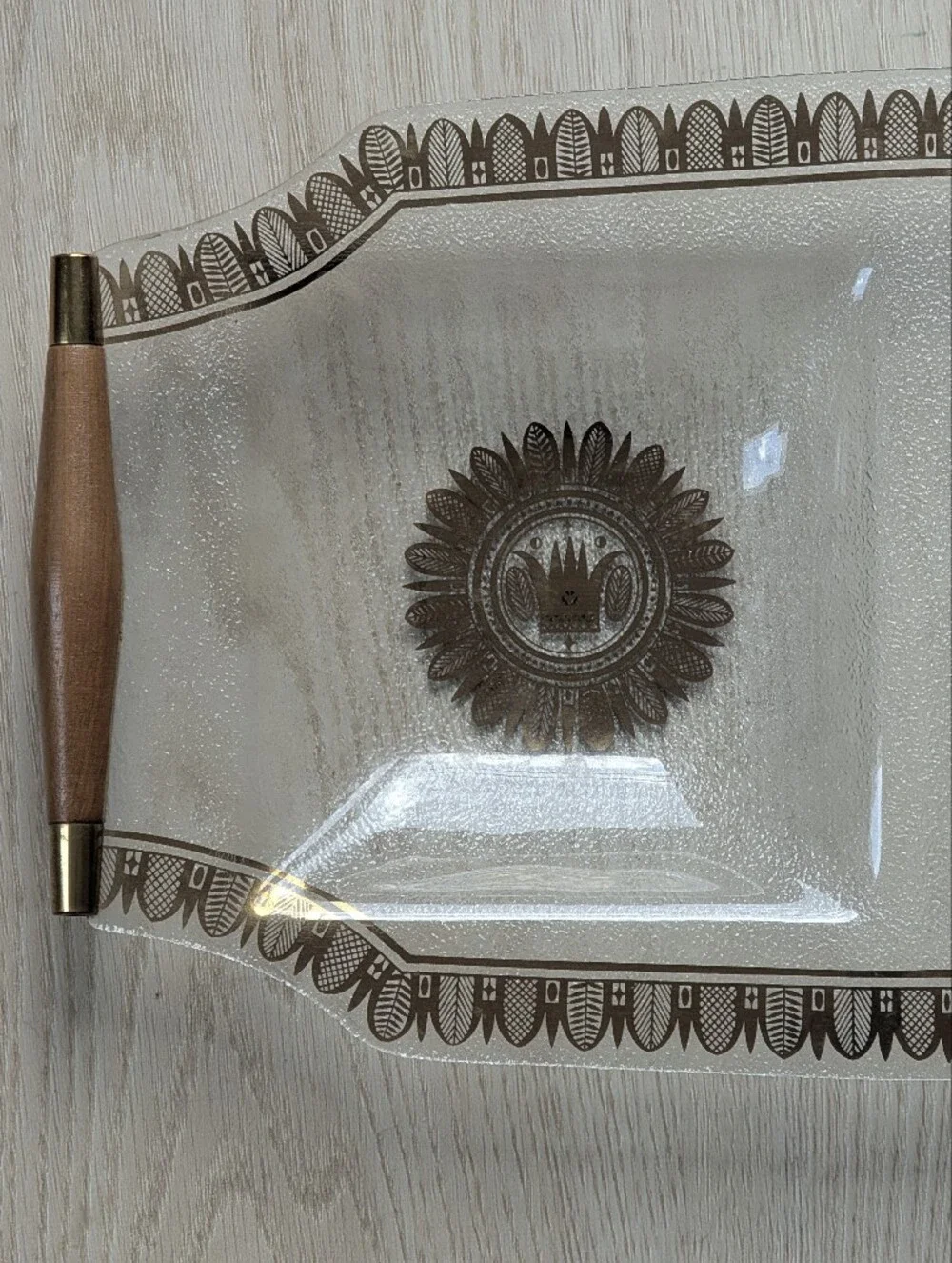 Vintage Georges Briard Glass Tray, Teak Handles, Gold & Brown Design.